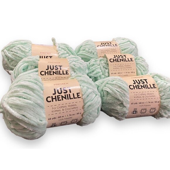 Lot Of 6 Skeins Super Bulky Just Chenille Yarn - Mint Green 65yd 100% Polyester - Picture 2 of 3